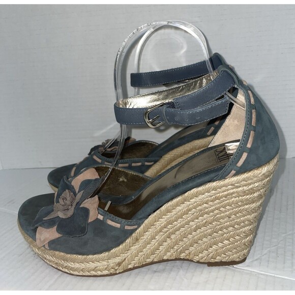 Sofft Sandals Women’s 10M Blue Espadrille Wedge Suede High Heel‎ Floral Shoes - Picture 5 of 13